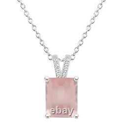 Sterling Silver 10x8mm Emerald Cut Natural Rose Quartz Diamond Accent Pendant