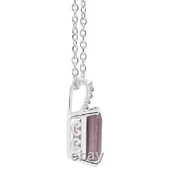 Sterling Silver 10x8mm Emerald Cut Natural Rose Quartz Diamond Accent Pendant