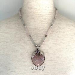 Sterling Silver 925 Modernist Rose Quartz & Amethyst Beaded Pendant Necklace