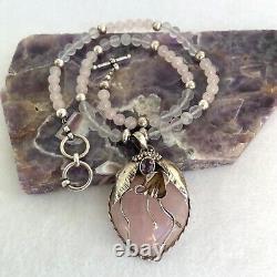 Sterling Silver 925 Modernist Rose Quartz & Amethyst Beaded Pendant Necklace