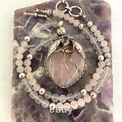 Sterling Silver 925 Modernist Rose Quartz & Amethyst Beaded Pendant Necklace