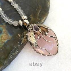 Sterling Silver 925 Modernist Rose Quartz & Amethyst Beaded Pendant Necklace