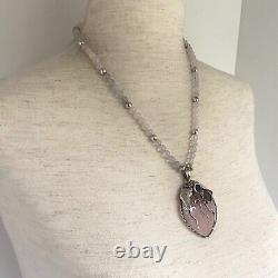 Sterling Silver 925 Modernist Rose Quartz & Amethyst Beaded Pendant Necklace