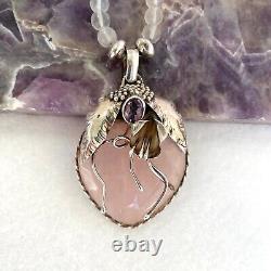 Sterling Silver 925 Modernist Rose Quartz & Amethyst Beaded Pendant Necklace