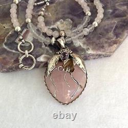 Sterling Silver 925 Modernist Rose Quartz & Amethyst Beaded Pendant Necklace