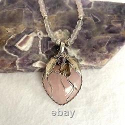 Sterling Silver 925 Modernist Rose Quartz & Amethyst Beaded Pendant Necklace