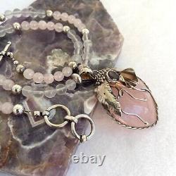 Sterling Silver 925 Modernist Rose Quartz & Amethyst Beaded Pendant Necklace