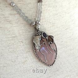 Sterling Silver 925 Modernist Rose Quartz & Amethyst Beaded Pendant Necklace