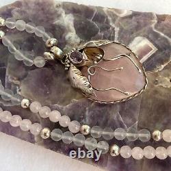 Sterling Silver 925 Modernist Rose Quartz & Amethyst Beaded Pendant Necklace