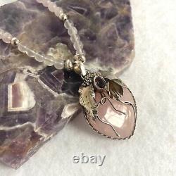 Sterling Silver 925 Modernist Rose Quartz & Amethyst Beaded Pendant Necklace