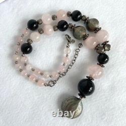 Sterling Silver 925 Rose Quartz Black Onyx Beaded Y Necklace 18.5 81g Stone