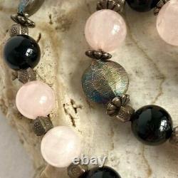 Sterling Silver 925 Rose Quartz Black Onyx Beaded Y Necklace 18.5 81g Stone