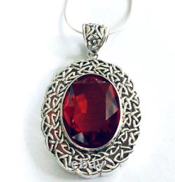 Sterling Silver Celtic Trellis Big Red crystal oval pendant necklace Victorian