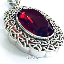 Sterling Silver Celtic Trellis Big Red crystal oval pendant necklace Victorian