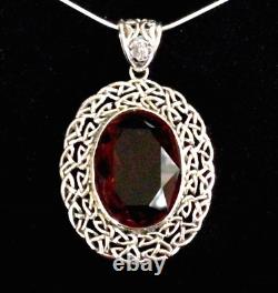 Sterling Silver Celtic Trellis Big Red crystal oval pendant necklace Victorian