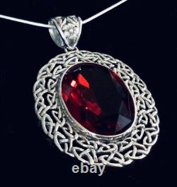 Sterling Silver Celtic Trellis Big Red crystal oval pendant necklace Victorian