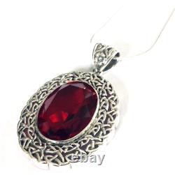 Sterling Silver Celtic Trellis Big Red crystal oval pendant necklace Victorian