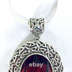 Sterling Silver Celtic Trellis Big Red crystal oval pendant necklace Victorian