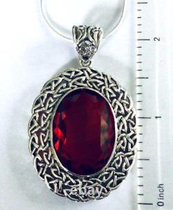 Sterling Silver Celtic Trellis Big Red crystal oval pendant necklace Victorian