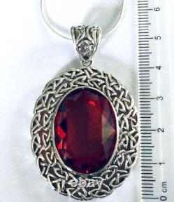 Sterling Silver Celtic Trellis Big Red crystal oval pendant necklace Victorian