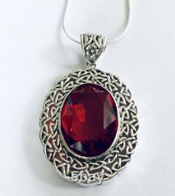 Sterling Silver Celtic Trellis Big Red crystal oval pendant necklace Victorian