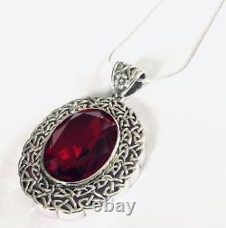 Sterling Silver Celtic Trellis Big Red crystal oval pendant necklace Victorian