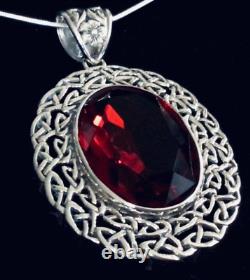 Sterling Silver Celtic Trellis Big Red crystal oval pendant necklace Victorian