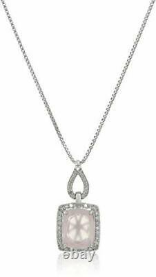 Sterling Silver Cushion Cut Rose Quartz with Diamond Pendant Necklace 1/5cttw