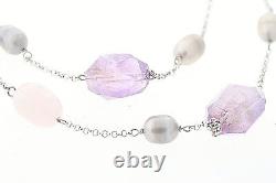 Sterling Silver Double Strand Amethyst, Rose Quartz & Oblong Pearl Necklace