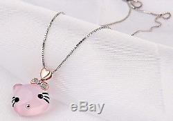 Sterling Silver Natural Gemstone Rose-quartz kitty Pendant Necklace