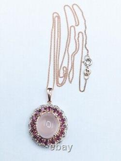 Sterling Silver Rose Gold Pink Quartz Rhodolite Garnet Halo Pendant Necklace