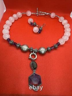 Sterling Silver Rose Quartz Beaded Necklace with Pendant And Earrings