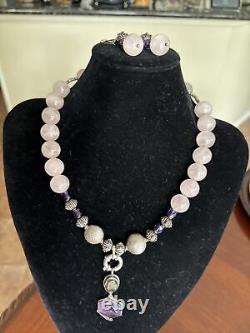 Sterling Silver Rose Quartz Beaded Necklace with Pendant And Earrings