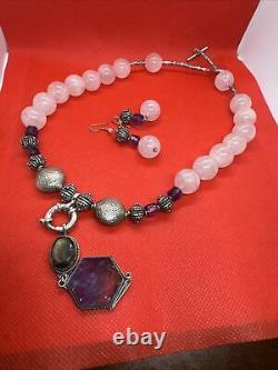 Sterling Silver Rose Quartz Beaded Necklace with Pendant And Earrings