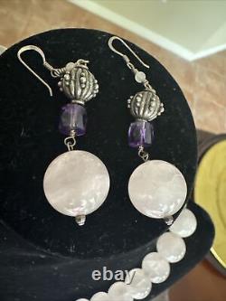 Sterling Silver Rose Quartz Beaded Necklace with Pendant And Earrings