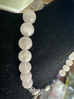 Sterling Silver Rose Quartz Beaded Necklace with Pendant And Earrings