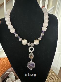 Sterling Silver Rose Quartz Beaded Necklace with Pendant And Earrings