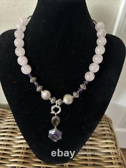 Sterling Silver Rose Quartz Beaded Necklace with Pendant And Earrings