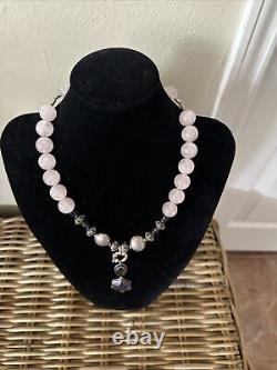 Sterling Silver Rose Quartz Beaded Necklace with Pendant And Earrings