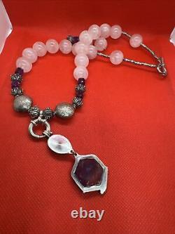 Sterling Silver Rose Quartz Beaded Necklace with Pendant And Earrings