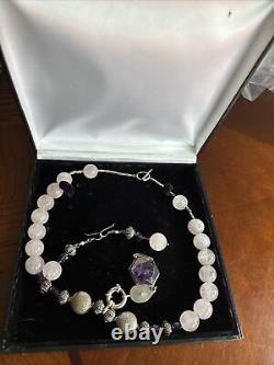 Sterling Silver Rose Quartz Beaded Necklace with Pendant And Earrings