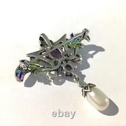 Sterling silver Art Nouveau Amethyst Crystal Necklace Brooch pin Mother's Day