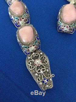 Stunning Vintage Chinese Sterling Silver Enamel Rose Quartz Pendant Bracelet Set