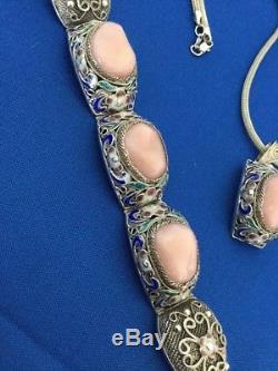 Stunning Vintage Chinese Sterling Silver Enamel Rose Quartz Pendant Bracelet Set
