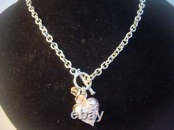 Superb Solid Silver 16 Ovals Necklace-Pink Shimmery Glass Heart & Roses-quality