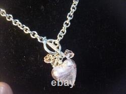 Superb Solid Silver 16 Ovals Necklace-Pink Shimmery Glass Heart & Roses-quality