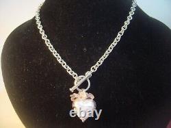 Superb Solid Silver 16 Ovals Necklace-Pink Shimmery Glass Heart & Roses-quality