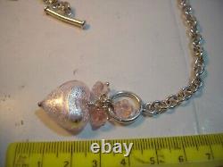 Superb Solid Silver 16 Ovals Necklace-Pink Shimmery Glass Heart & Roses-quality