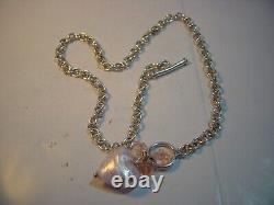 Superb Solid Silver 16 Ovals Necklace-Pink Shimmery Glass Heart & Roses-quality