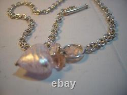 Superb Solid Silver 16 Ovals Necklace-Pink Shimmery Glass Heart & Roses-quality